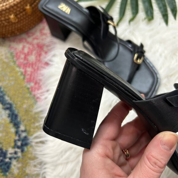 NEW Zara Black Heeled Sandal 9 Square Toe Faux Leather Strappy Buckle - Picture 6 of 7